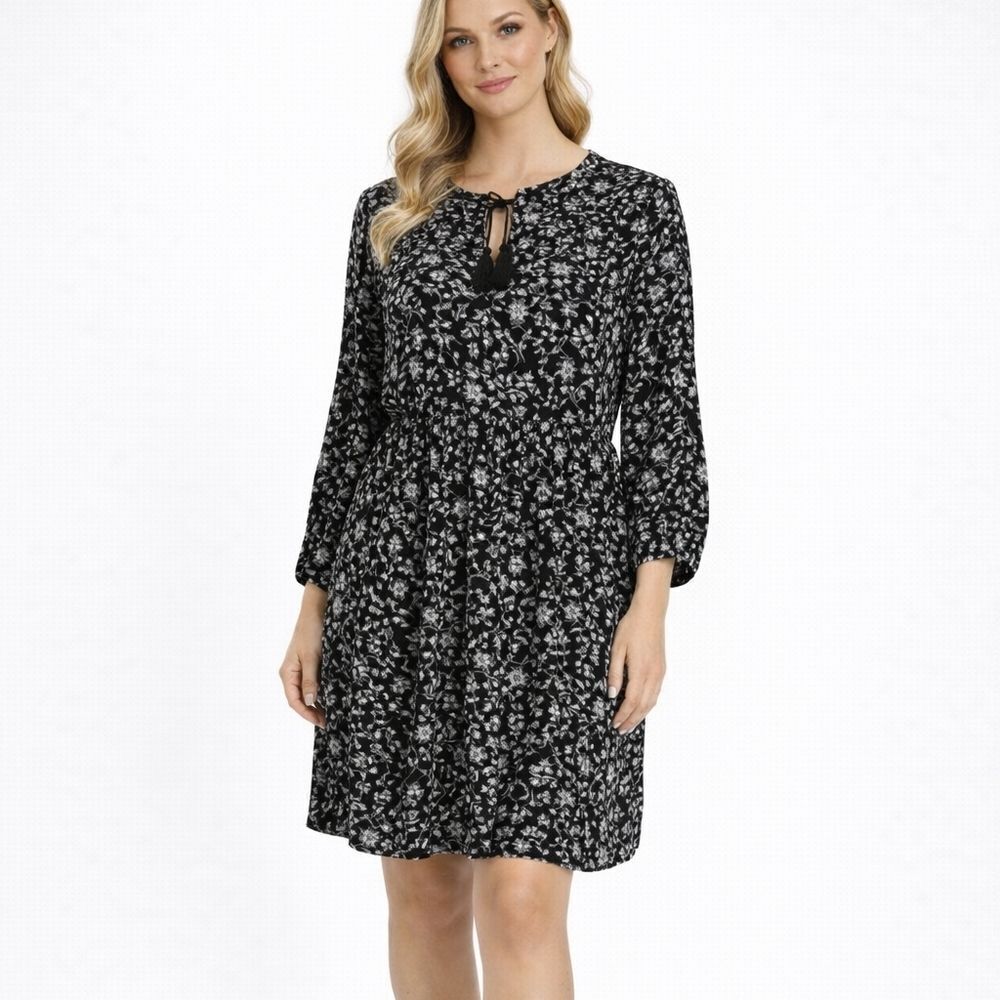 Old Navy Black Floral Long Sleeve Boho Shift Dress Size Medium
